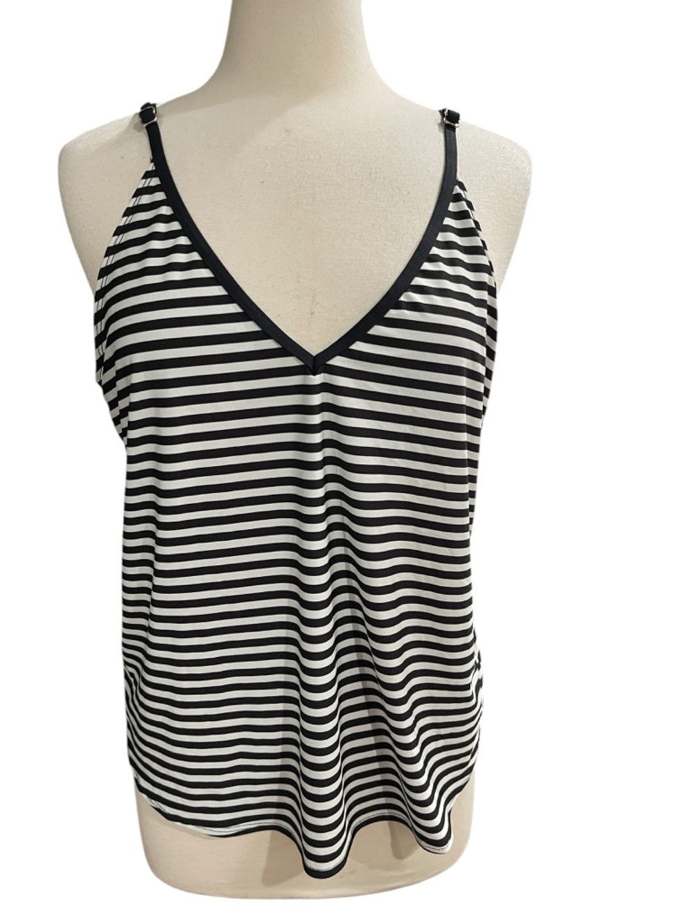 Splendid Stripe Strappy Vee Neck  Swim Tank Top SZ L Black White
